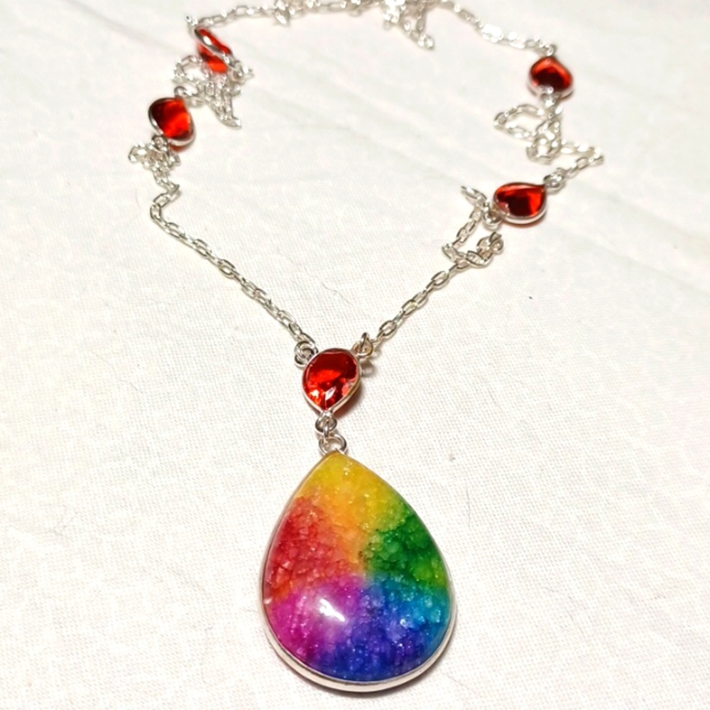 Rainbow solar quartz agate garnet silver pendant handmade red 🌈 🏳️‍🌈 necklace
